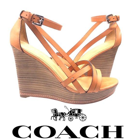 Coach Shoes - COACH Maleena TAN VACHETTA Leather STRAPPY Wedge Heels Size 7.5